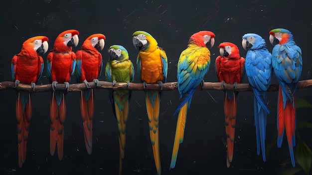 Un grupo de loros coloridos están sentados en una rama Las aves son de diferentes colores, incluido el rojo