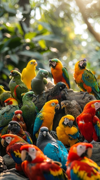 Foto un grupo de loros coloridos en una exuberante jungla verde