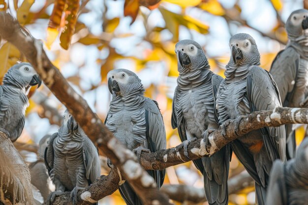 Un grupo de loros grises están posados en una rama de un árbol