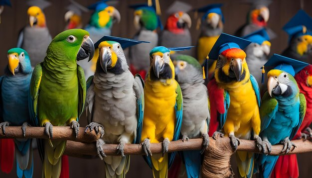 Foto un grupo de loros con plumas azules y amarillas en sus cabezas