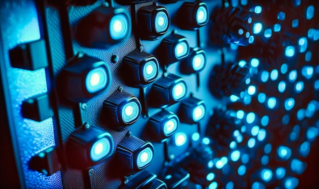 Un grupo de luces LED azules brillantes sobre un fondo negro que emite un ambiente futurista