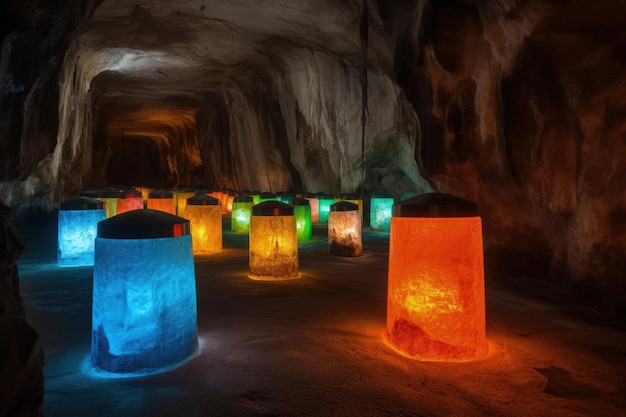 Un grupo de luces que están dentro de una cueva IA generativa