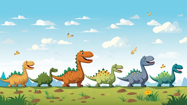 Foto un grupo lúdico de dinosaurios de dibujos animados paseando por un campo exuberante dinosaurios de dibuyos animados coloridos marchando a través de un paisaje verde