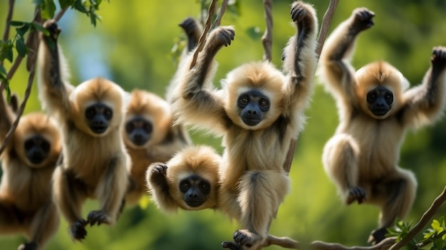 Un grupo lúdico de monos balanceándose y colgando de las ramas en una densa selva