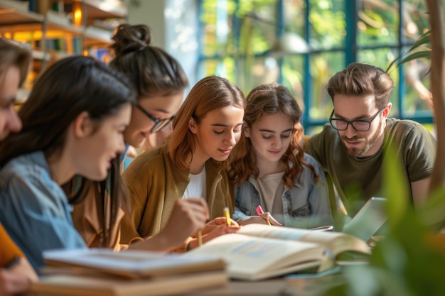 Grupo de maestros y estudiantes que aprenden y se divierten juntos