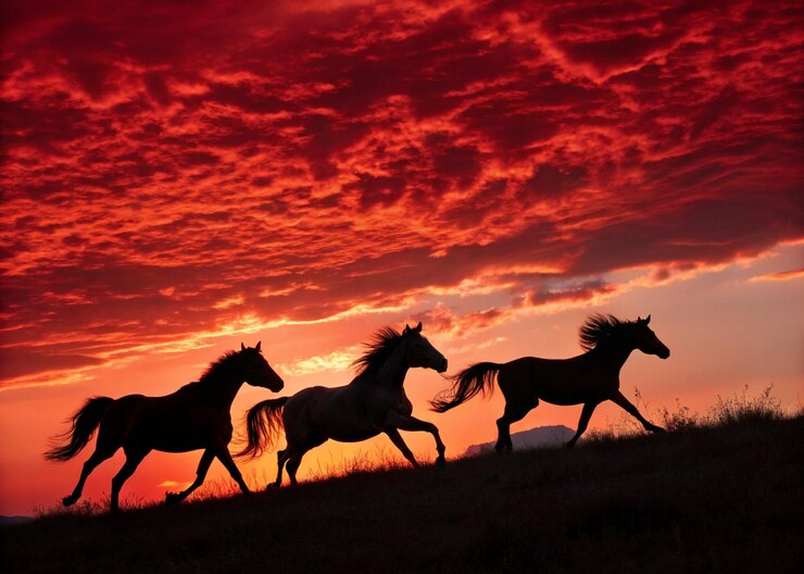 Un grupo de majestuosos caballos galopando contra un dramático cielo de colores rojos al atardecer