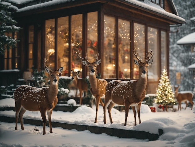 Un grupo de majestuosos en medio de un patio cubierto de nieve cerca de una casa de campo bellamente decorada para Navidad