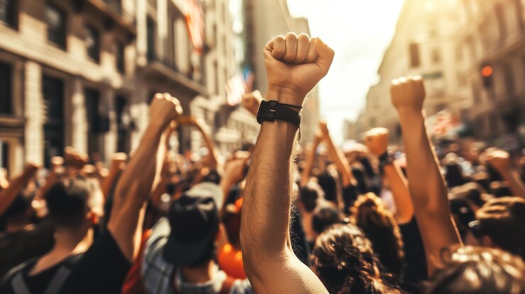 Un grupo de manifestantes levanta los puños en el aire AI generativa