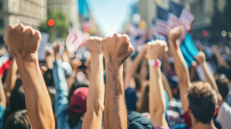 Un grupo de manifestantes levanta los puños en el aire AI generativa