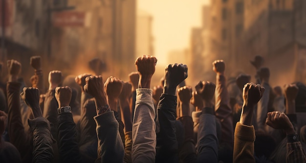 Un grupo de manifestantes levantando los puños en el aire simbolizando la unidad y la fuerza La toma de ángulo bajo enfatiza el poder de la multitud contra el telón de fondo de los edificios de la ciudad