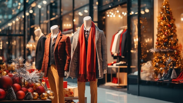 un grupo de maniquíes en ropa de invierno en una ventana de Navidad