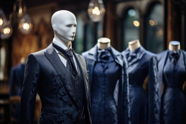 Un grupo de maniquíes vestidos con trajes y corbatas profesionales exhibidos en una vitrina de una tienda Trajes azules oscuros en un maniquí en el atelier Generado por IA