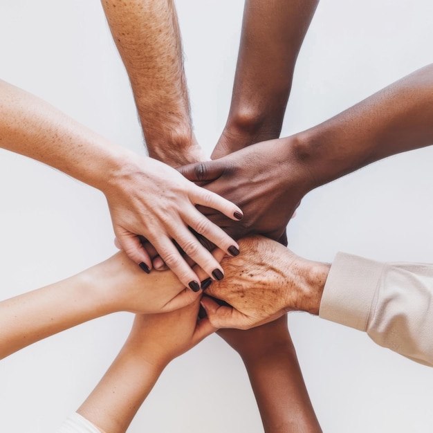 Grupo de manos diversas unidas un fondo blanco claro y brillante aar 64 ID de trabajo ea9e59bb84944847bd2e9fbc55b3d963