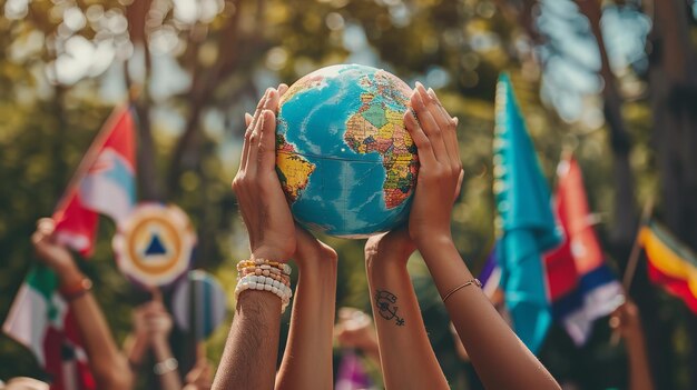 Foto un grupo de manos sosteniendo un globo en la calle un concepto de día de la tierra con un gran telón de fondo borroso y un gran espacio para texto o producto ia generativa