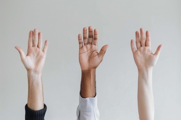 Foto grupo mãos para cima de pessoas diversas diversidade pessoas multiétnicas igualdade racial homens e mulheres