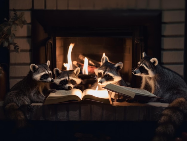 Un grupo de mapaches leyendo un libro frente a una chimenea Imagen generativa de IA