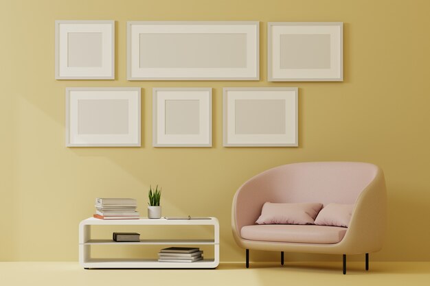 Grupo del marco de imagen en la pared de la moderna sala de estar amarilla con sofá y muebles. Representación 3D.