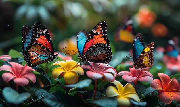 un grupo de mariposas que están en algunas flores