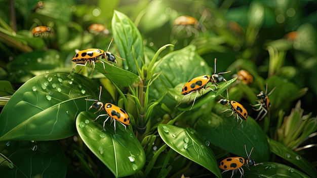 Un grupo de mariquitas descansando en hojas verdes