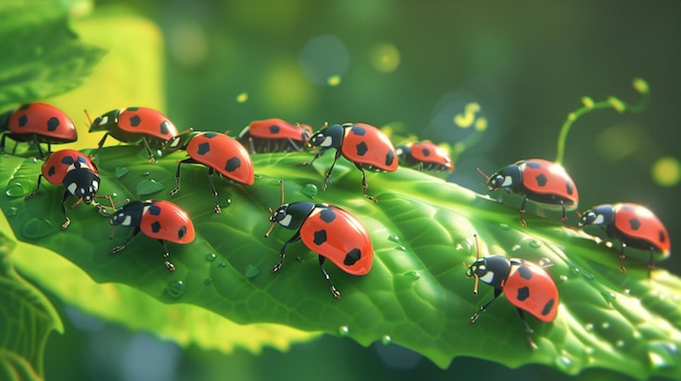 un grupo de mariquitas en una hoja verde