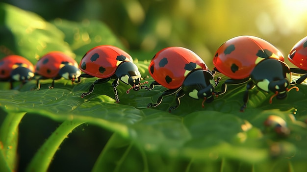 Un grupo de mariquitas en una hoja verde