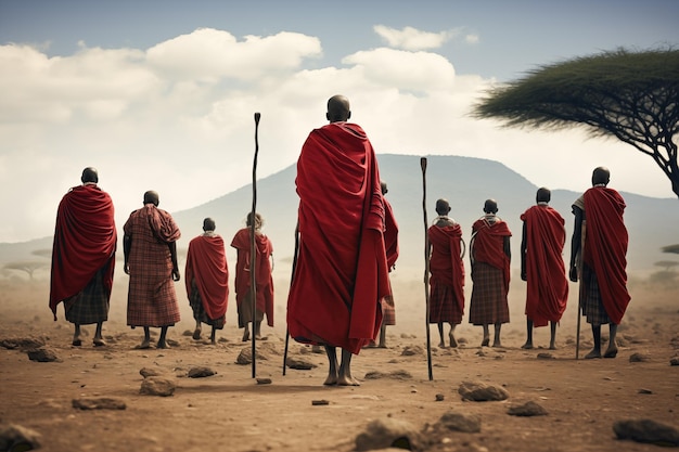 Un grupo de masai caminando por las tierras áridas de África