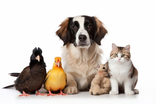 grupo de mascotas perro gato pájaro conejo