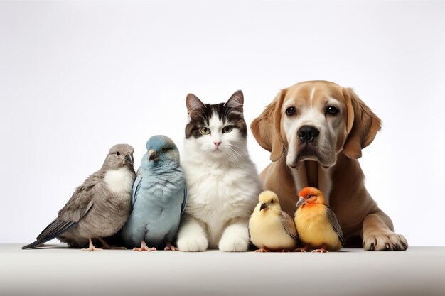 grupo de mascotas perro gato pájaro conejo