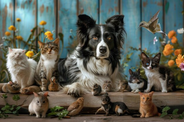 Grupo de mascotas posando alrededor de un perro border collie gato hurón conejo pájaro pez roedor