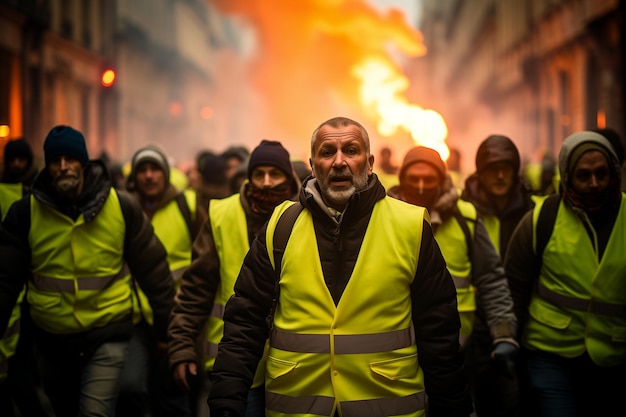 Un grupo masivo de franceses protestantes con un traje amarillo