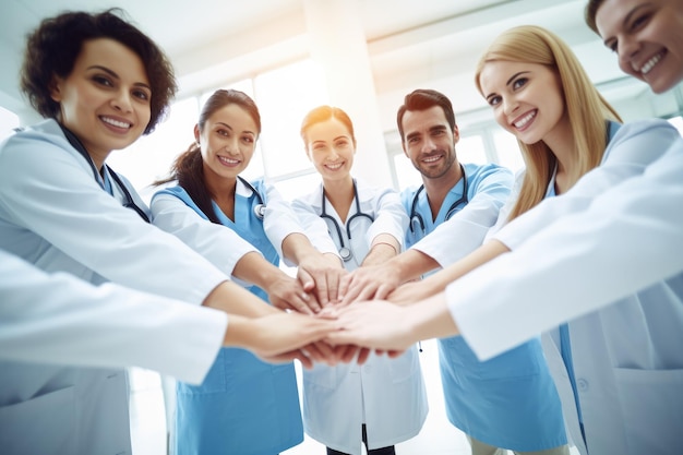 Grupo médico y pila de manos en círculo para la felicidad del retrato de trabajo en equipo