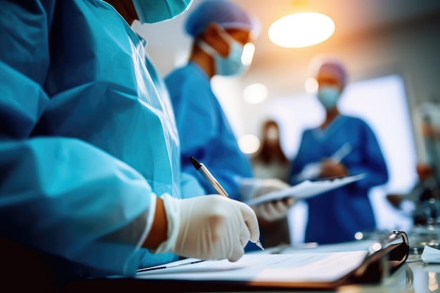 Foto un grupo de médicos con batas azules están trabajando en un portapapeles.