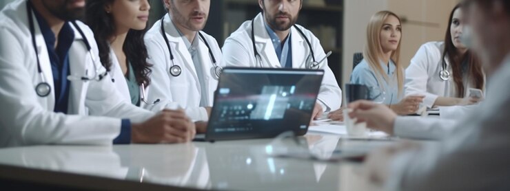 Grupo de médicos discutiendo algo mientras están sentados en la mesa en el hospital