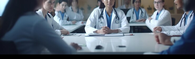 Grupo de médicos discutiendo algo mientras están sentados en la mesa en el hospital