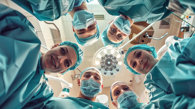 Un grupo de médicos divertidos y alegres de pie juntos frente a un espejo riendo y compartiendo un momento de camaradería