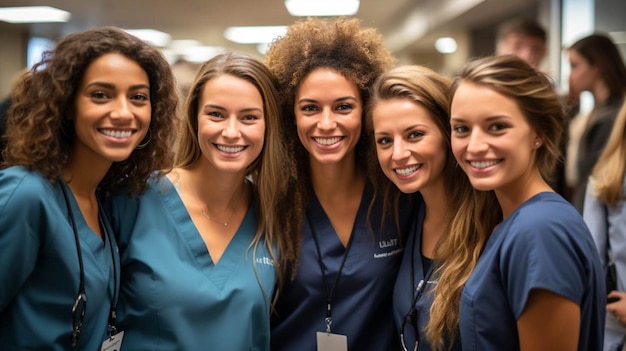 Foto un grupo de médicos de equipo de pie en un pasillo