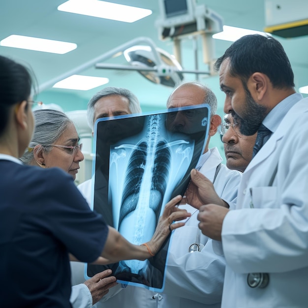 Un grupo de médicos examinando una radiografía de los pulmones