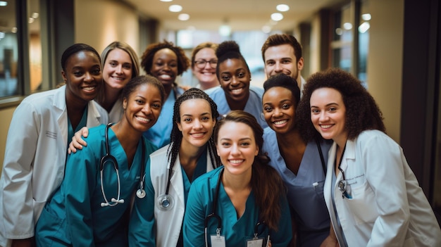 Grupo de médicos, hombres y mujeres, enfermeras uniformadas en un hospital.