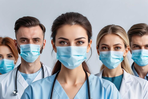 Foto grupo de médicos con máscaras faciales mirando el concepto del virus corona de la cámara
