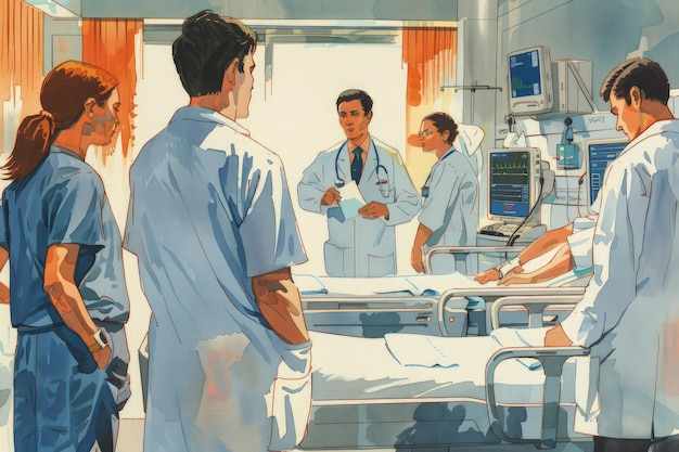 Un grupo de médicos de pie alrededor de una cama de hospital