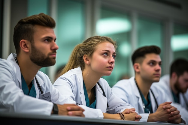 Grupo de médicos sentados en una fila en un hospital o instituto de salud Estudiantes de medicina escuchando mientras están sentados en un escritorio AI Generado