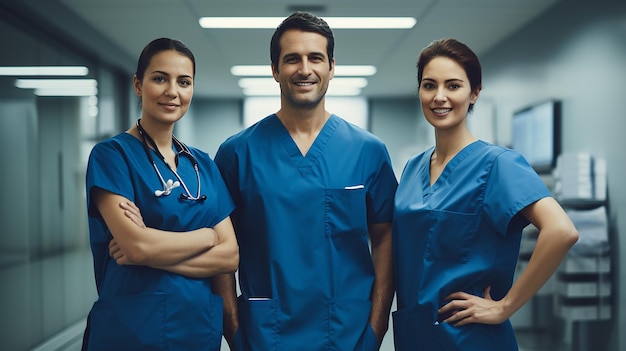 Grupo de médicos sonrisa caras estudio fondo azul sólido claro