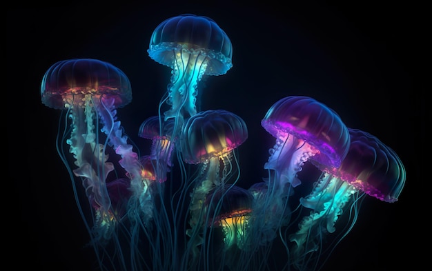 Un grupo de medusas con colores neón.