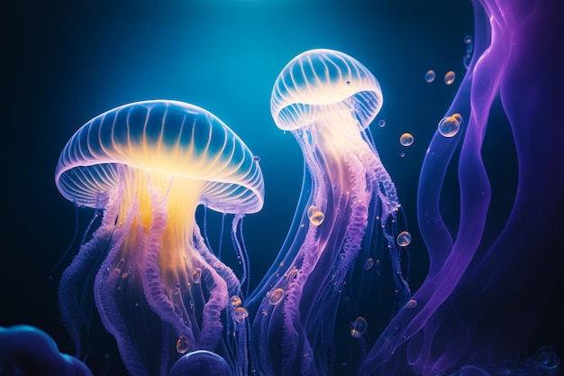 Grupo de medusas flotando en agua azul y violeta con burbujas IA generativa