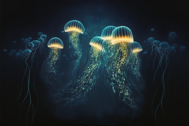 Un grupo de medusas flotando en el agua junto con luces brillantes en los costados y en la cabeza IA generativa