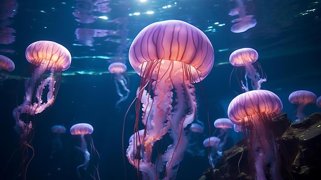 Un grupo de medusas se muestra en el fondo