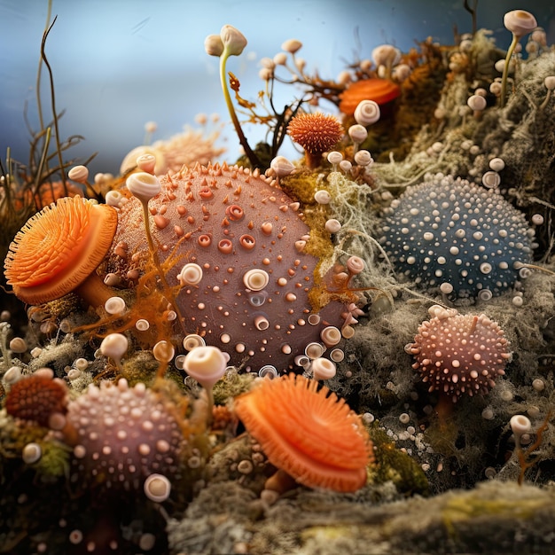 un grupo de medusas en un tronco de musgo.