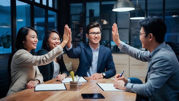 Grupo millennial de jovens empresários asiáticos empresário e empresária celebram dando cinco a