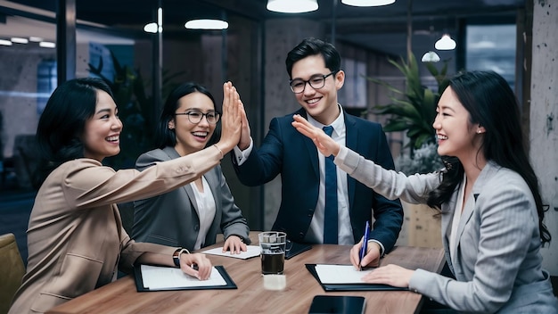 Grupo millennial de jovens empresários asiáticos empresário e empresária celebram dando cinco a