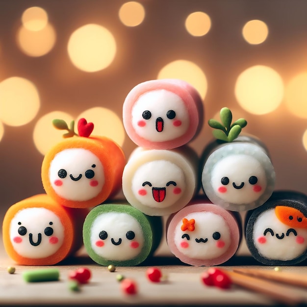 un grupo de mini sushis divertidos con caras en ellos